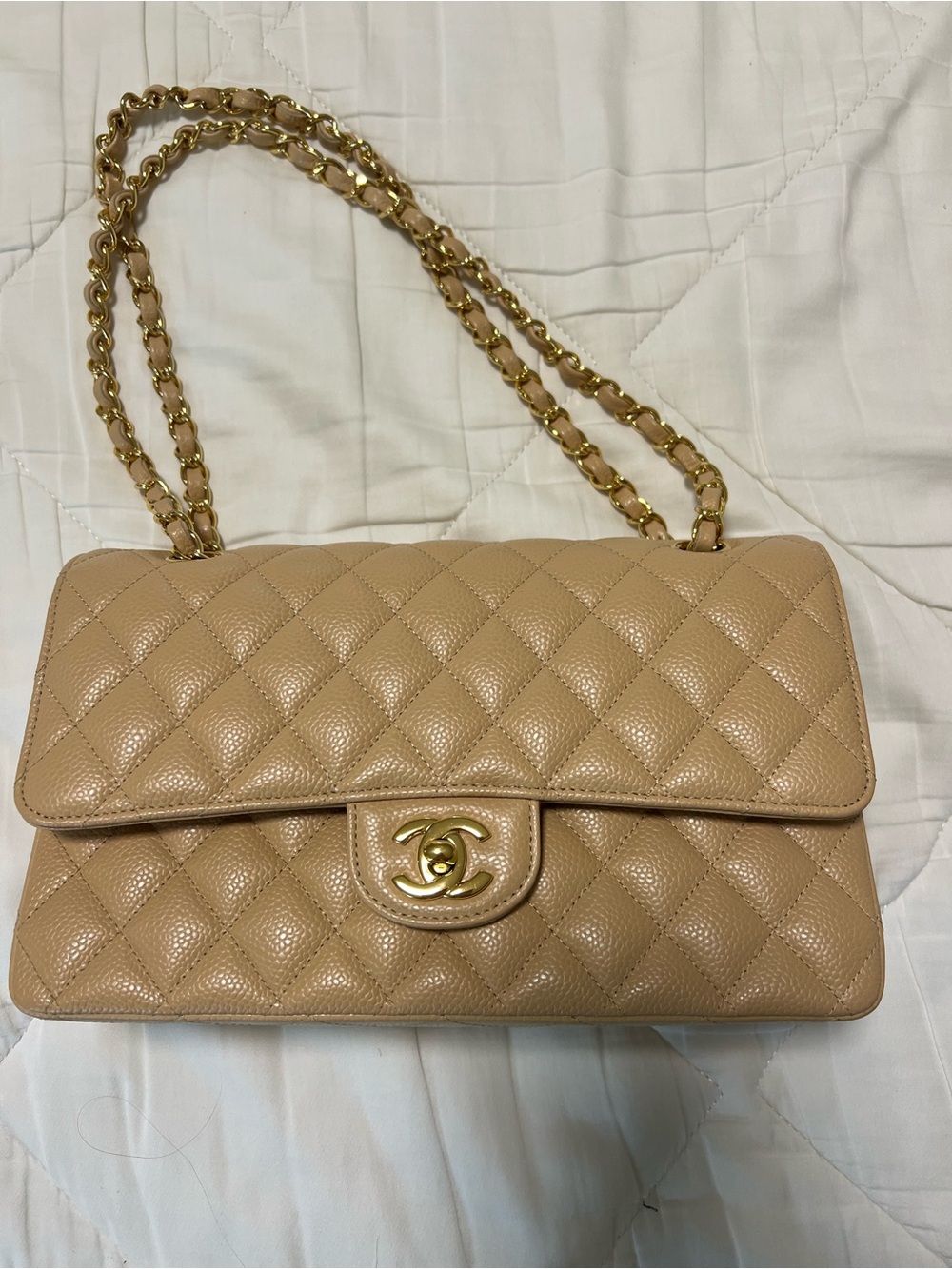 Classic Quilted Double Flap Shoulder Bag in Beige with Gold Hardware